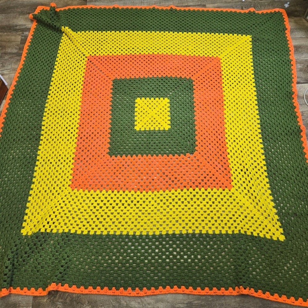 80"x 80" ‎ Handmade Crocheted Afghan, Green Orange Yellow Concentric Squares